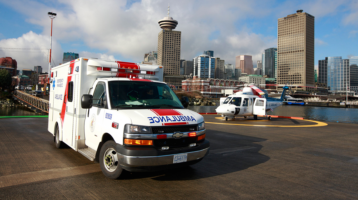 Ambulance and Air ambulance parked at Vancouver Waterfront