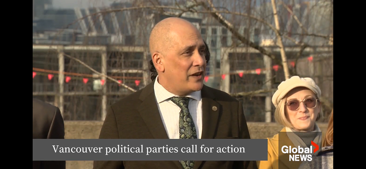 Screenshot from Global BC broadcast, caption reads: Vancouver political parties call for action